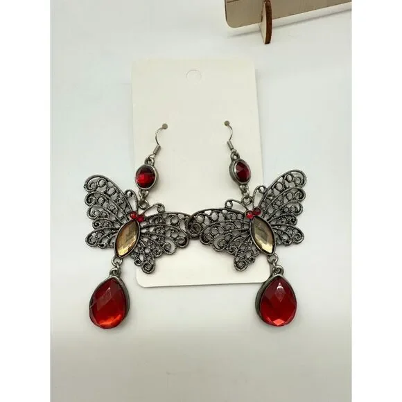 Butterfly red and silver tone dangle earrings - Picture 1 of 3